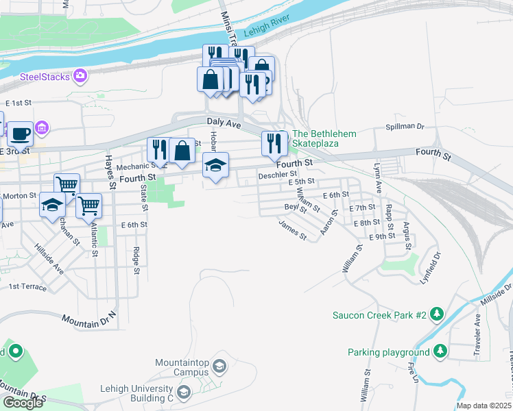 map of restaurants, bars, coffee shops, grocery stores, and more near 1256 East 6th Street in Bethlehem