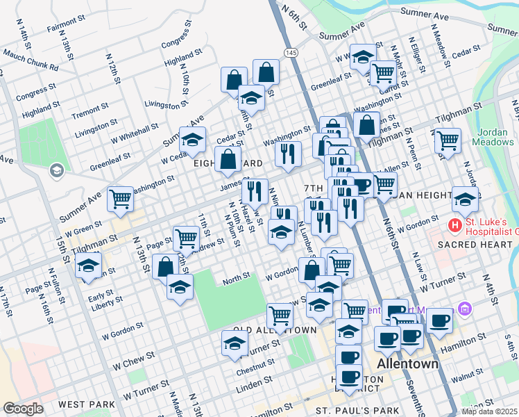map of restaurants, bars, coffee shops, grocery stores, and more near 613 North New Street in Allentown