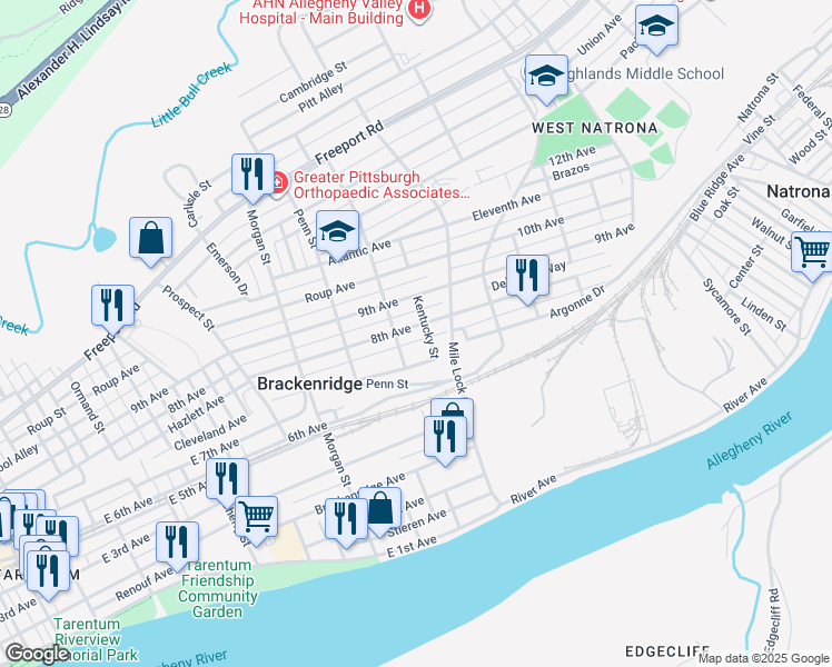 map of restaurants, bars, coffee shops, grocery stores, and more near 1116 8th Ave in Brackenridge