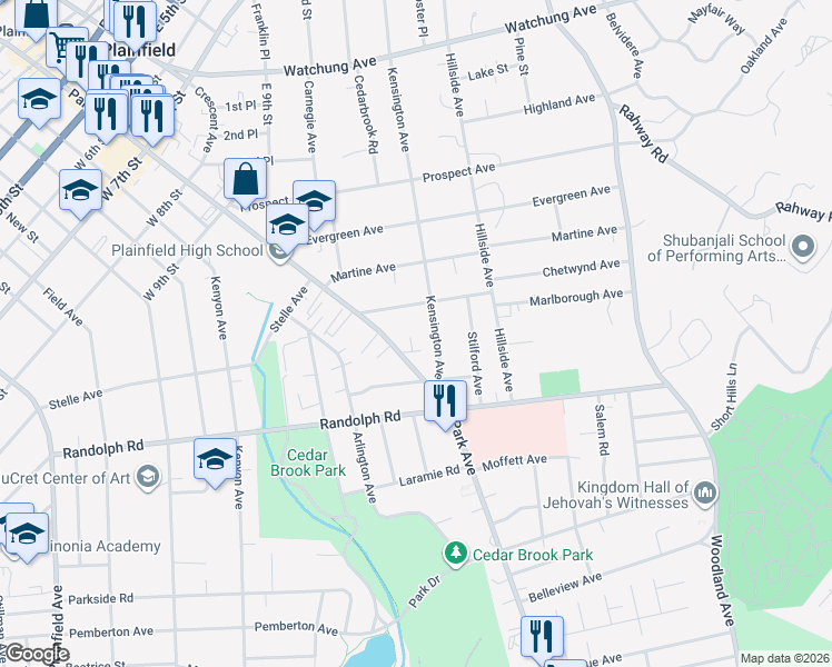 map of restaurants, bars, coffee shops, grocery stores, and more near 1131 Park Avenue in Plainfield