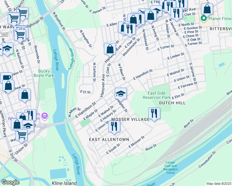 map of restaurants, bars, coffee shops, grocery stores, and more near 11 South Dauphin Street in Allentown