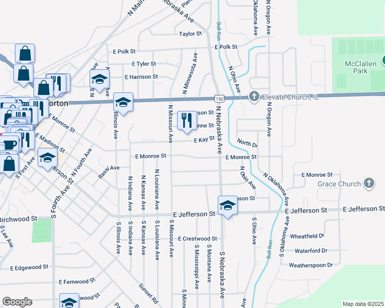 map of restaurants, bars, coffee shops, grocery stores, and more near 941 East Monroe Street in Morton
