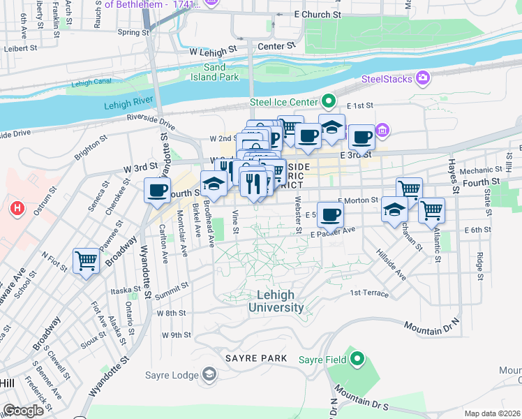 map of restaurants, bars, coffee shops, grocery stores, and more near 1 Farrington Square in Bethlehem
