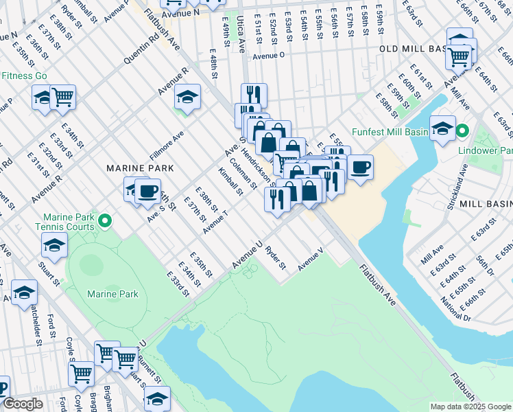map of restaurants, bars, coffee shops, grocery stores, and more near 2127 Kimball Street in Brooklyn