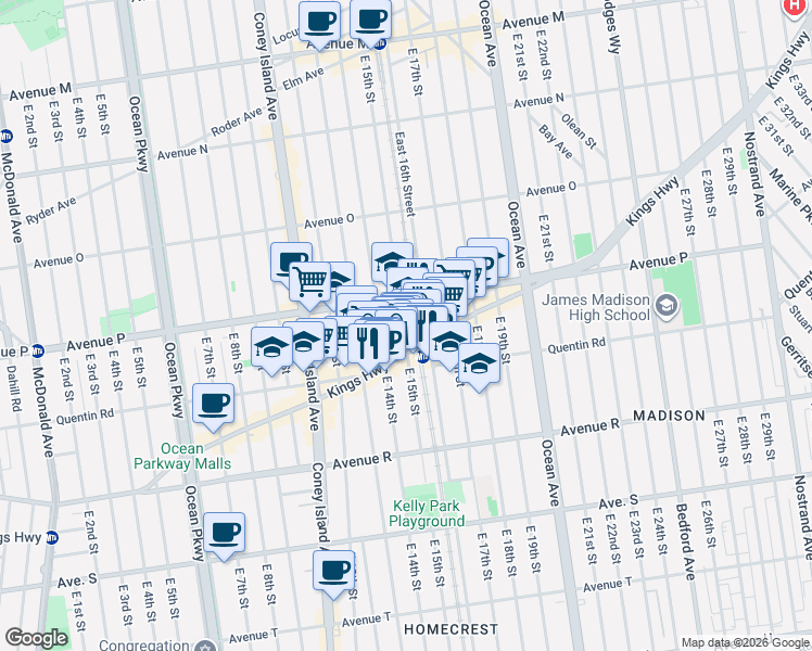 map of restaurants, bars, coffee shops, grocery stores, and more near 1630 East 15th Street in Brooklyn