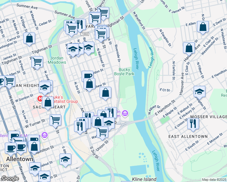 map of restaurants, bars, coffee shops, grocery stores, and more near 210 North Front Street in Allentown