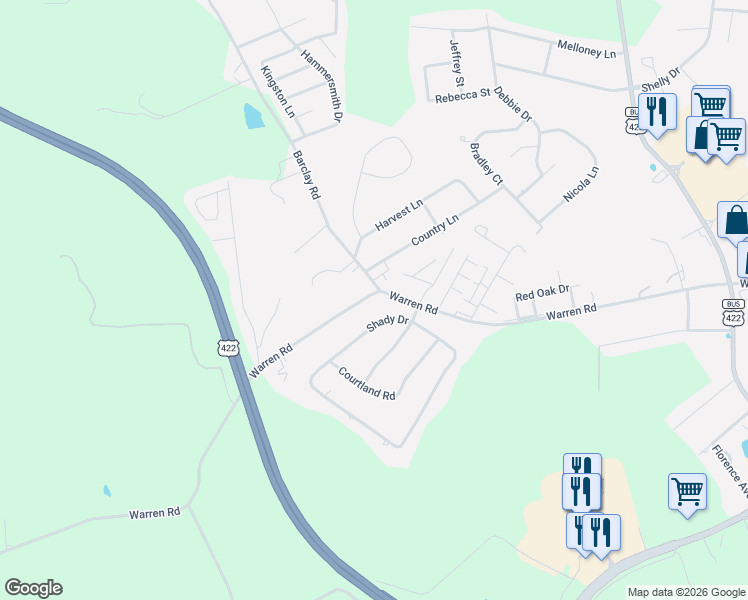 map of restaurants, bars, coffee shops, grocery stores, and more near 3015 Warren Road in Indiana