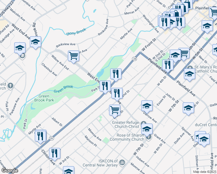 map of restaurants, bars, coffee shops, grocery stores, and more near 766 West Front Street in Plainfield