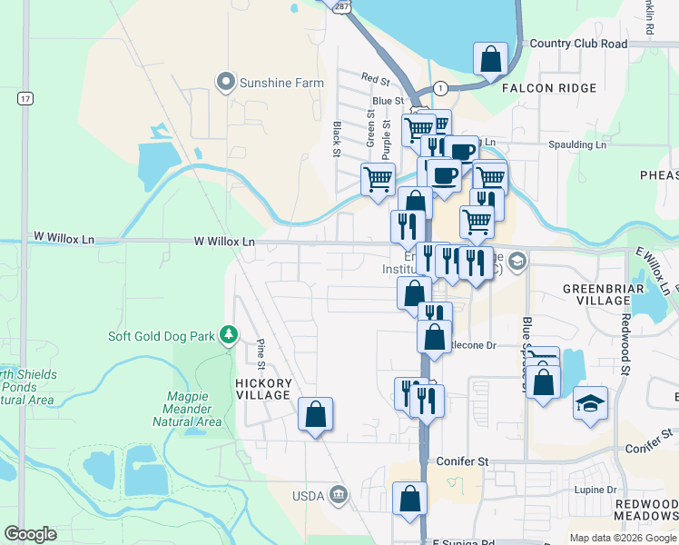 map of restaurants, bars, coffee shops, grocery stores, and more near 309 Urban Prairie Street in Fort Collins