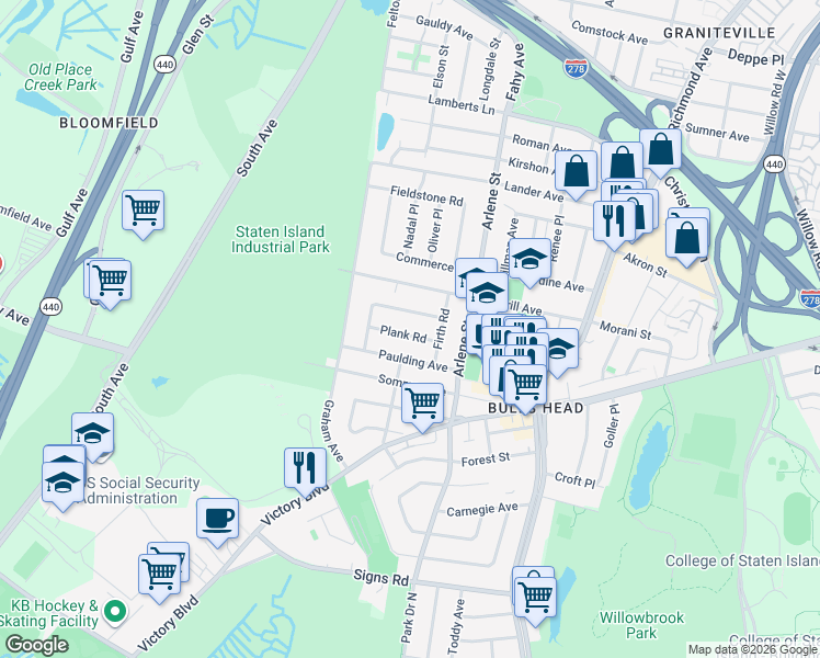 map of restaurants, bars, coffee shops, grocery stores, and more near 35 Plank Road in Staten Island