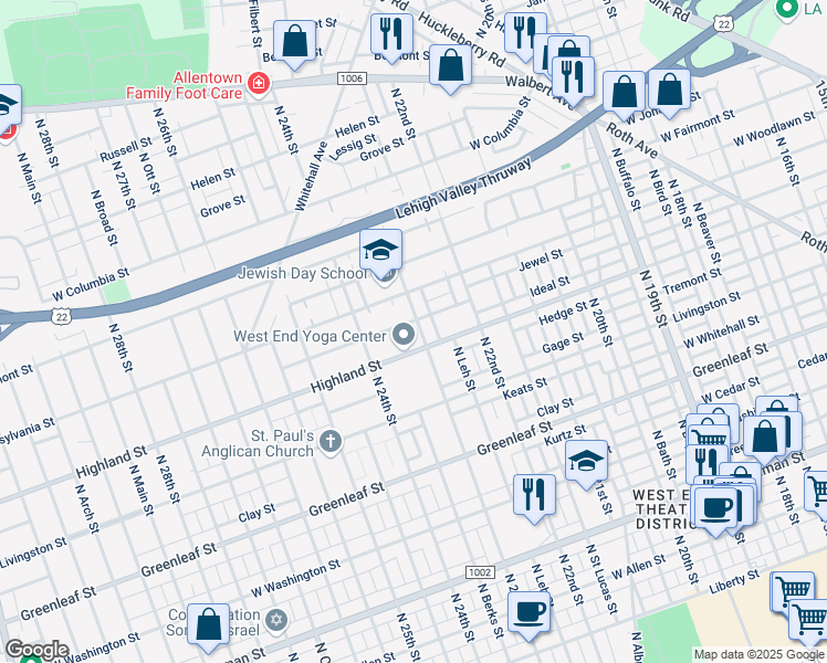 map of restaurants, bars, coffee shops, grocery stores, and more near 1118 North 23rd Street in Allentown