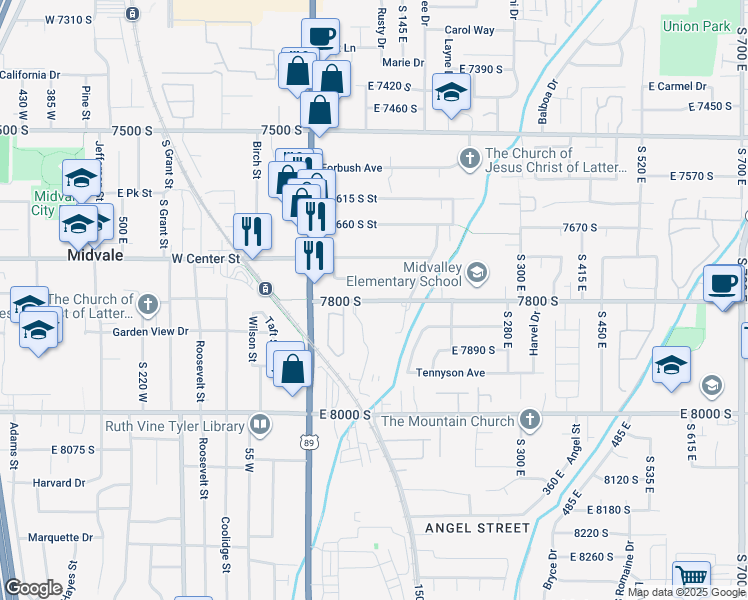 map of restaurants, bars, coffee shops, grocery stores, and more near in Midvale