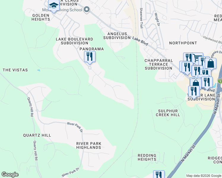 map of restaurants, bars, coffee shops, grocery stores, and more near 2905 Panorama Drive in Redding
