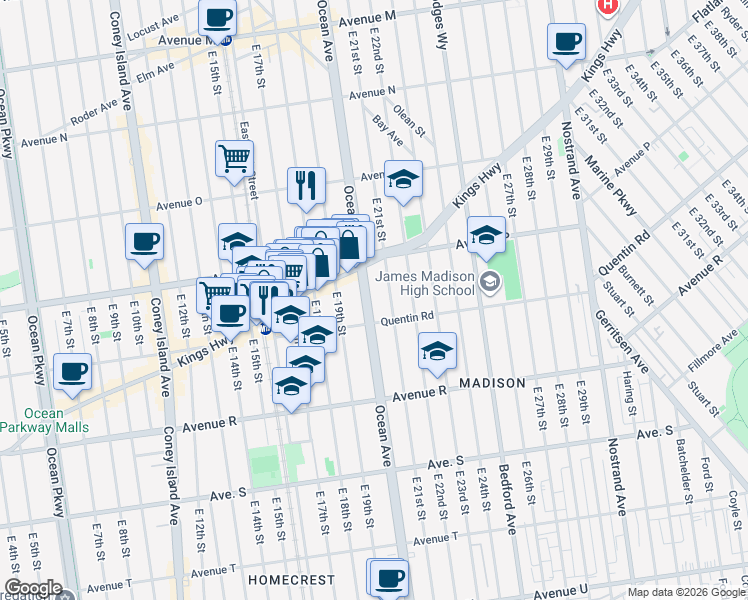 map of restaurants, bars, coffee shops, grocery stores, and more near 2145 Ocean Avenue in Brooklyn