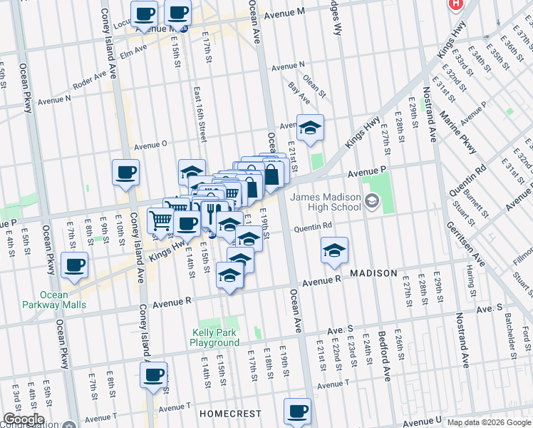 map of restaurants, bars, coffee shops, grocery stores, and more near 1661 East 19th Street in Brooklyn