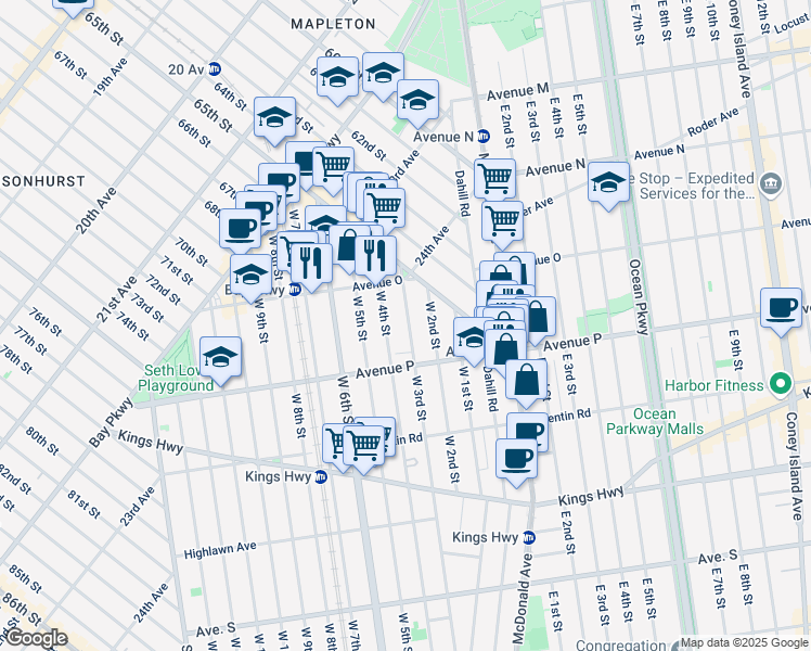 map of restaurants, bars, coffee shops, grocery stores, and more near 1555 West 3rd Street in Brooklyn