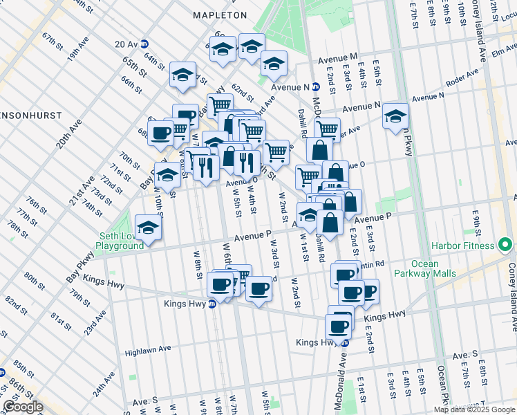 map of restaurants, bars, coffee shops, grocery stores, and more near 1555 West 3rd Street in Brooklyn