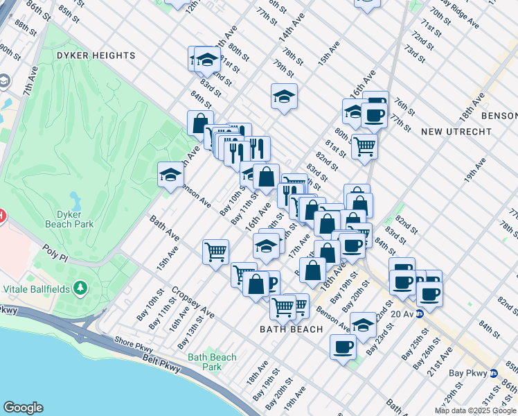 map of restaurants, bars, coffee shops, grocery stores, and more near 8640 16th Avenue in Brooklyn