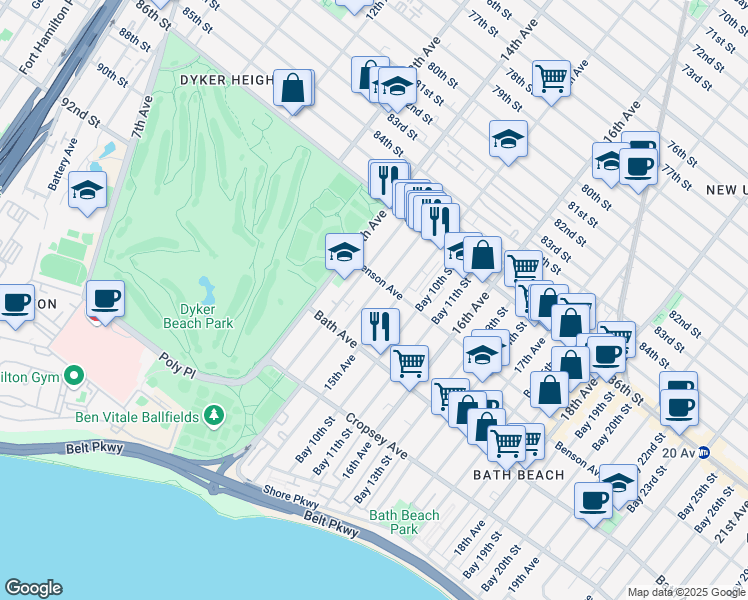 map of restaurants, bars, coffee shops, grocery stores, and more near 122 Bay 8th Street in Brooklyn