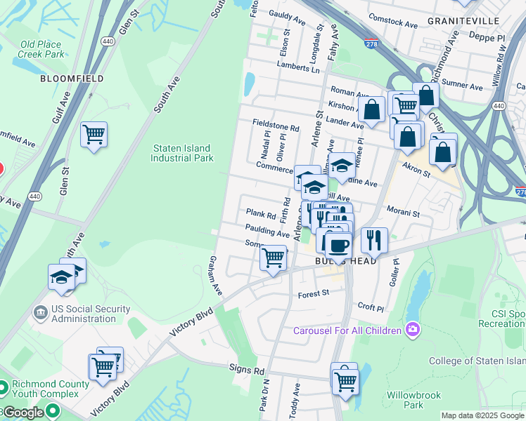 map of restaurants, bars, coffee shops, grocery stores, and more near 35 Plank Road in Staten Island