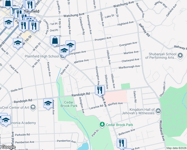 map of restaurants, bars, coffee shops, grocery stores, and more near 1131 Park Avenue in Plainfield