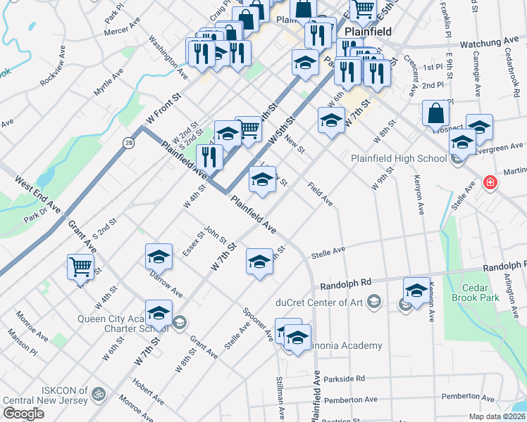 map of restaurants, bars, coffee shops, grocery stores, and more near 542 West 7th Street in Plainfield