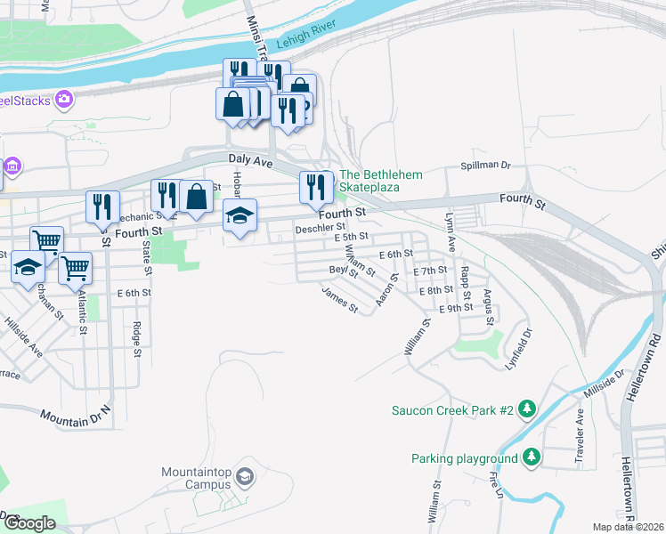 map of restaurants, bars, coffee shops, grocery stores, and more near 1336 East 6th Street in Bethlehem