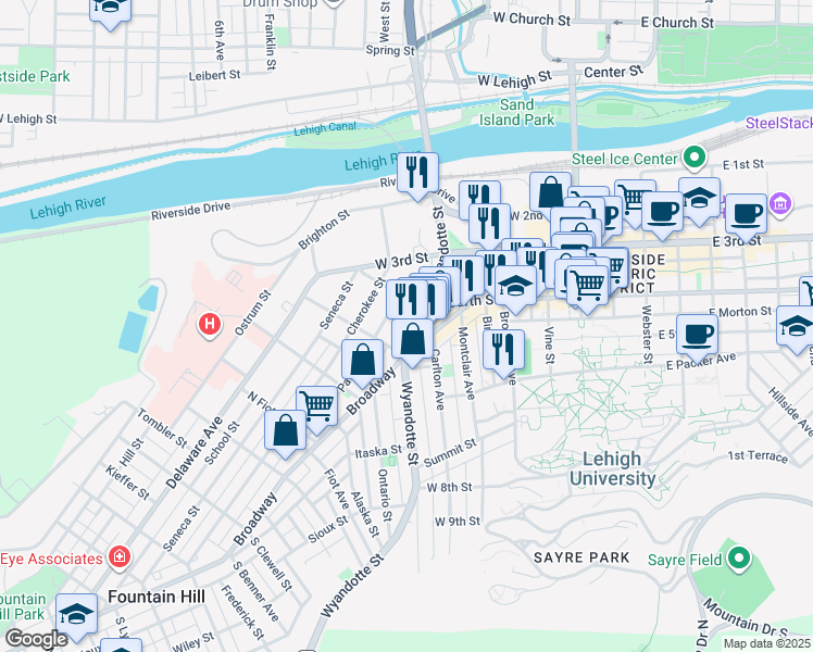 map of restaurants, bars, coffee shops, grocery stores, and more near 430 Wyandotte Street in Bethlehem