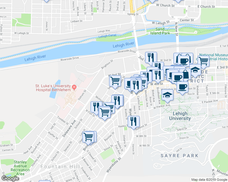 map of restaurants, bars, coffee shops, grocery stores, and more near 614 Dakotah Street in Bethlehem