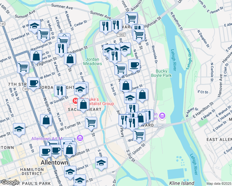 map of restaurants, bars, coffee shops, grocery stores, and more near 224-322 North 3rd Street in Allentown