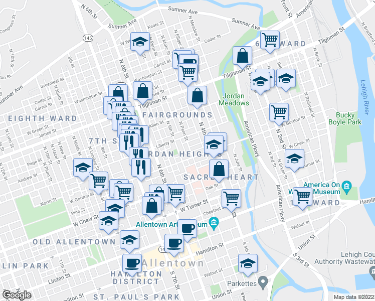 map of restaurants, bars, coffee shops, grocery stores, and more near 429 West Gordon Street in Allentown