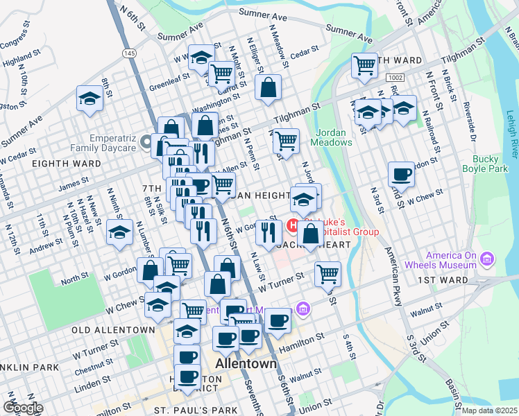 map of restaurants, bars, coffee shops, grocery stores, and more near in Allentown