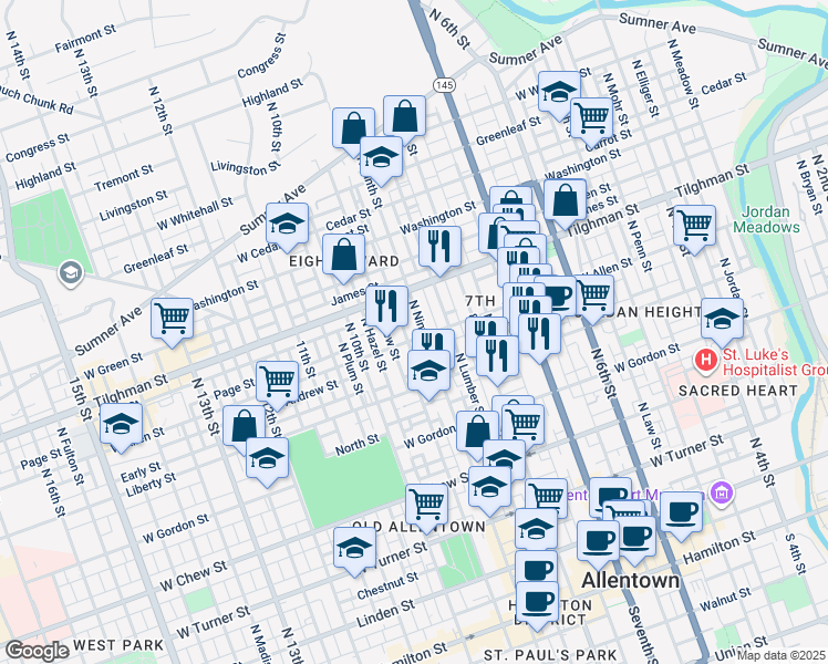 map of restaurants, bars, coffee shops, grocery stores, and more near 913 Allen Street in Allentown