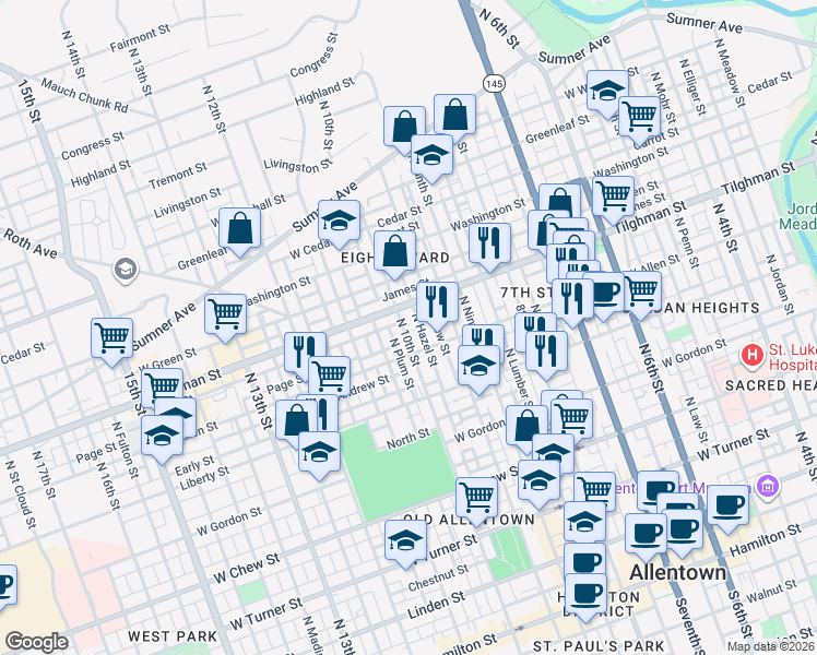 map of restaurants, bars, coffee shops, grocery stores, and more near 627 North Hazel Street in Allentown
