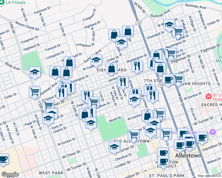 map of restaurants, bars, coffee shops, grocery stores, and more near 639 North Howard Street in Allentown