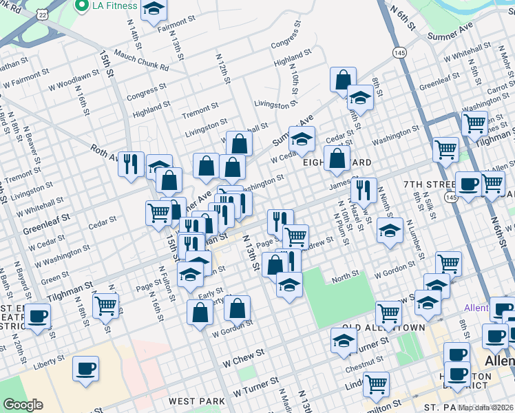 map of restaurants, bars, coffee shops, grocery stores, and more near 719 North Jefferson Street in Allentown