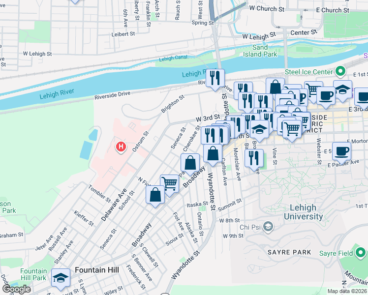 map of restaurants, bars, coffee shops, grocery stores, and more near 614 Dakotah Street in Bethlehem