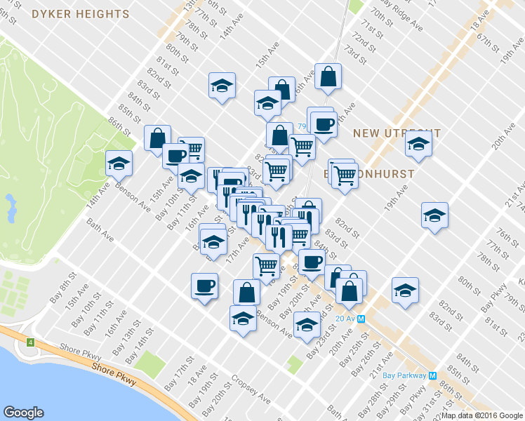 map of restaurants, bars, coffee shops, grocery stores, and more near 8424 17th Avenue in Brooklyn
