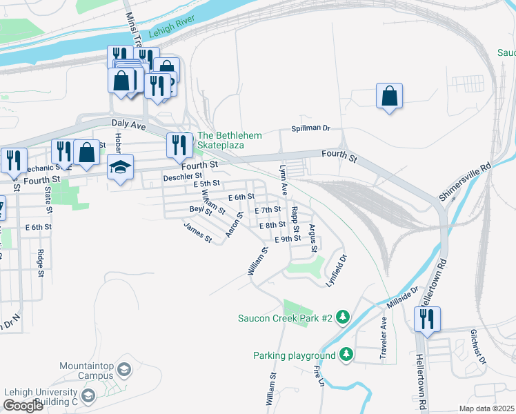 map of restaurants, bars, coffee shops, grocery stores, and more near 1501 East 7th Street in Bethlehem
