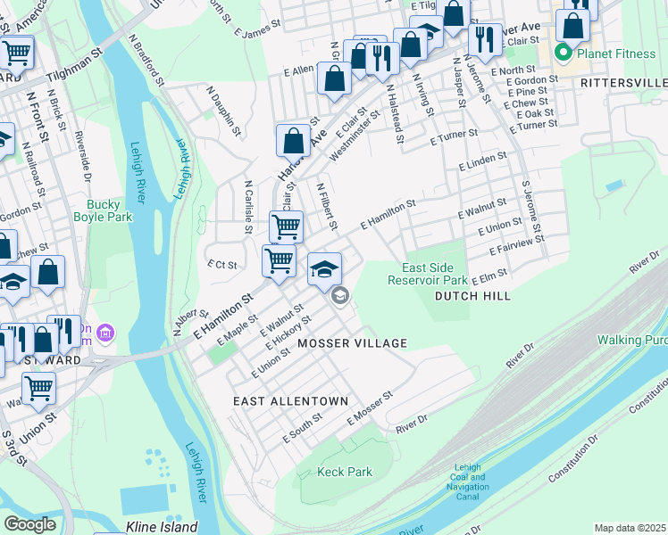 map of restaurants, bars, coffee shops, grocery stores, and more near 28 South Ellsworth Street in Allentown