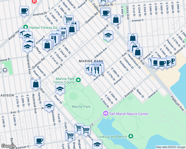 map of restaurants, bars, coffee shops, grocery stores, and more near 1954 East 34th Street in Brooklyn