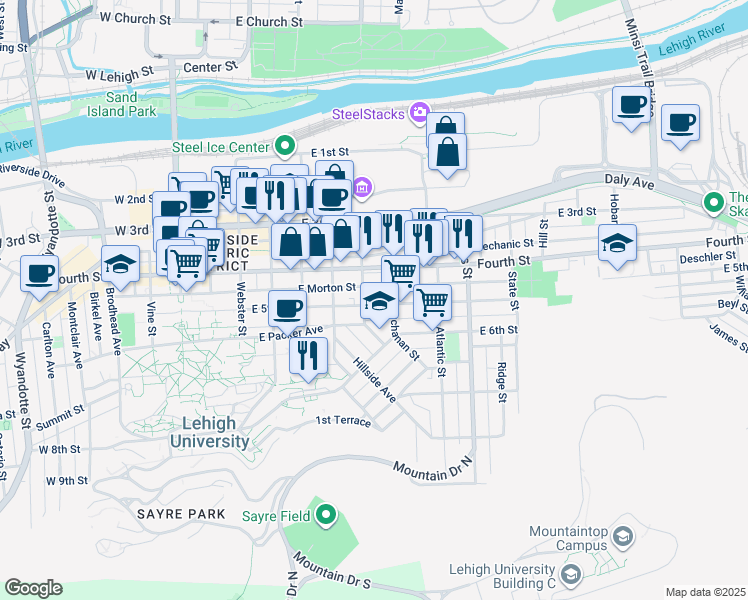 map of restaurants, bars, coffee shops, grocery stores, and more near 610 East 5th Street in Bethlehem