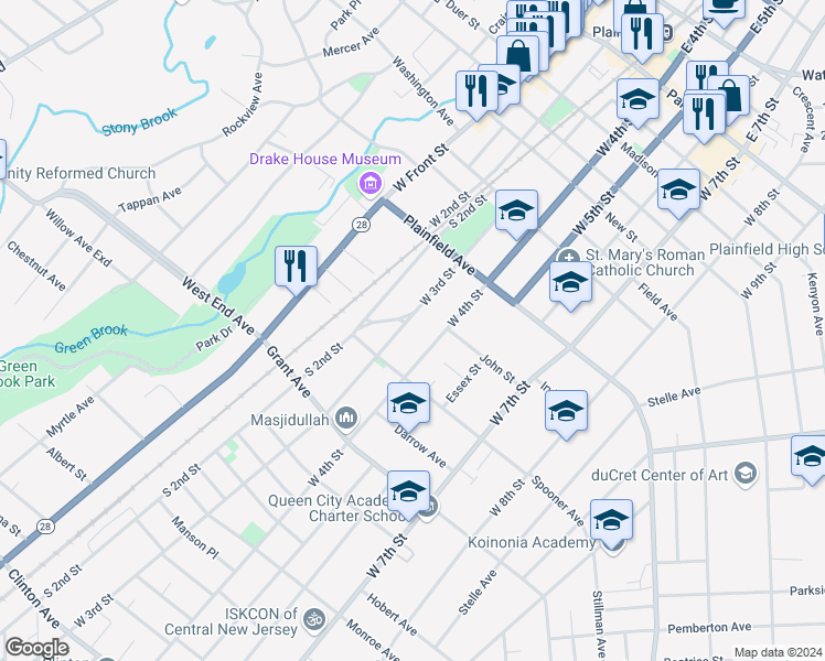 map of restaurants, bars, coffee shops, grocery stores, and more near 647 W 3rd St in Plainfield