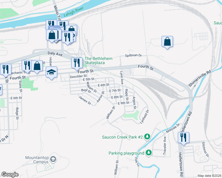 map of restaurants, bars, coffee shops, grocery stores, and more near 1503 East 7th Street in Bethlehem
