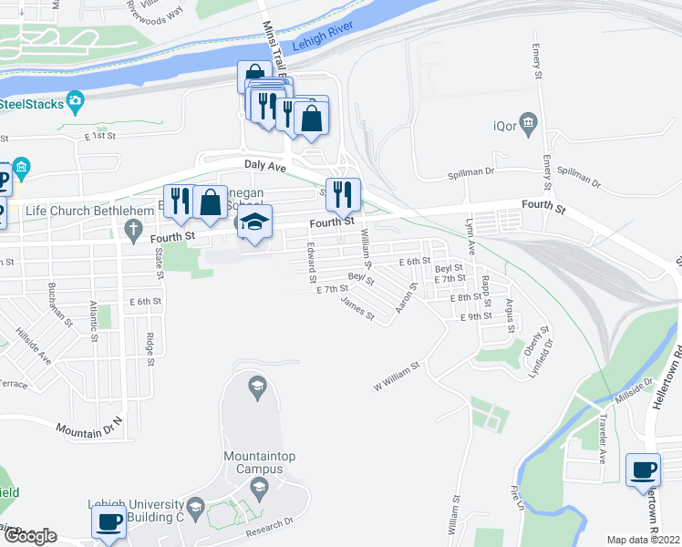 map of restaurants, bars, coffee shops, grocery stores, and more near 1336 East 6th Street in Bethlehem