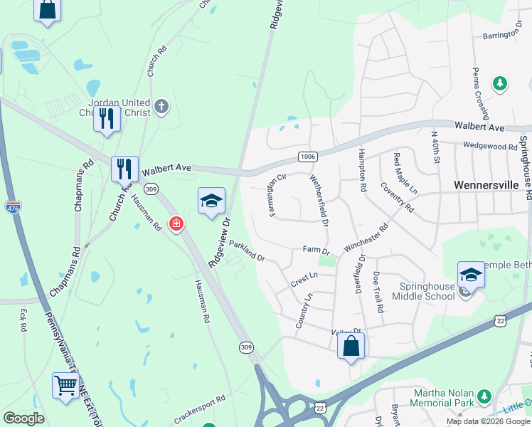 map of restaurants, bars, coffee shops, grocery stores, and more near 4344 Farmington Circle in Allentown