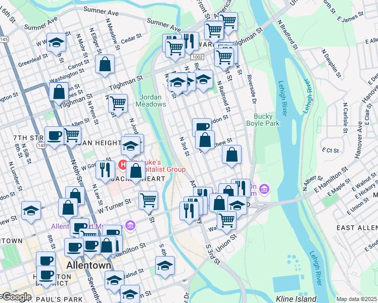 map of restaurants, bars, coffee shops, grocery stores, and more near 224-322 North 3rd Street in Allentown