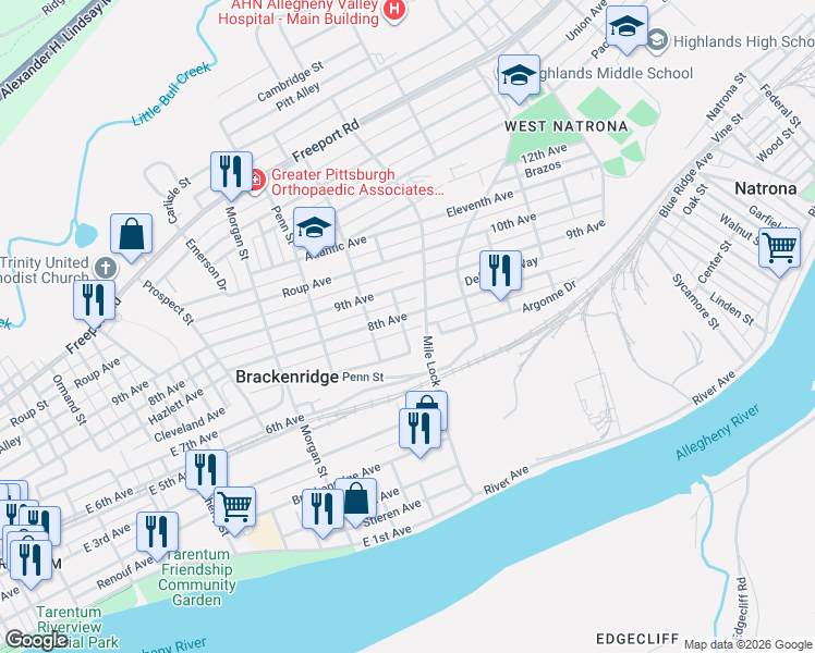 map of restaurants, bars, coffee shops, grocery stores, and more near 1116 8th Avenue in Brackenridge