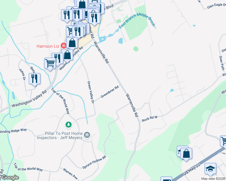 map of restaurants, bars, coffee shops, grocery stores, and more near 7 Greenbrier Road in Green Brook Township