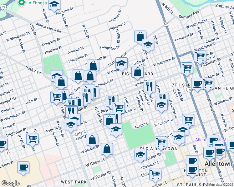 map of restaurants, bars, coffee shops, grocery stores, and more near 1123 Tilghman Street in Allentown